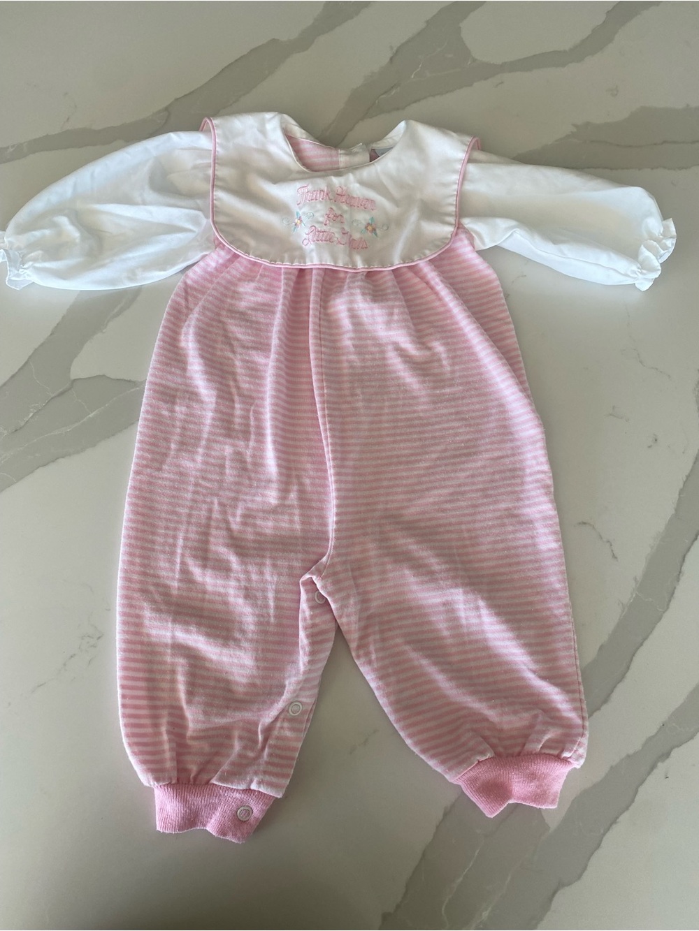 Vtg Alexis Striped “thank heavens for little girls” Cotton bubble romper 9M